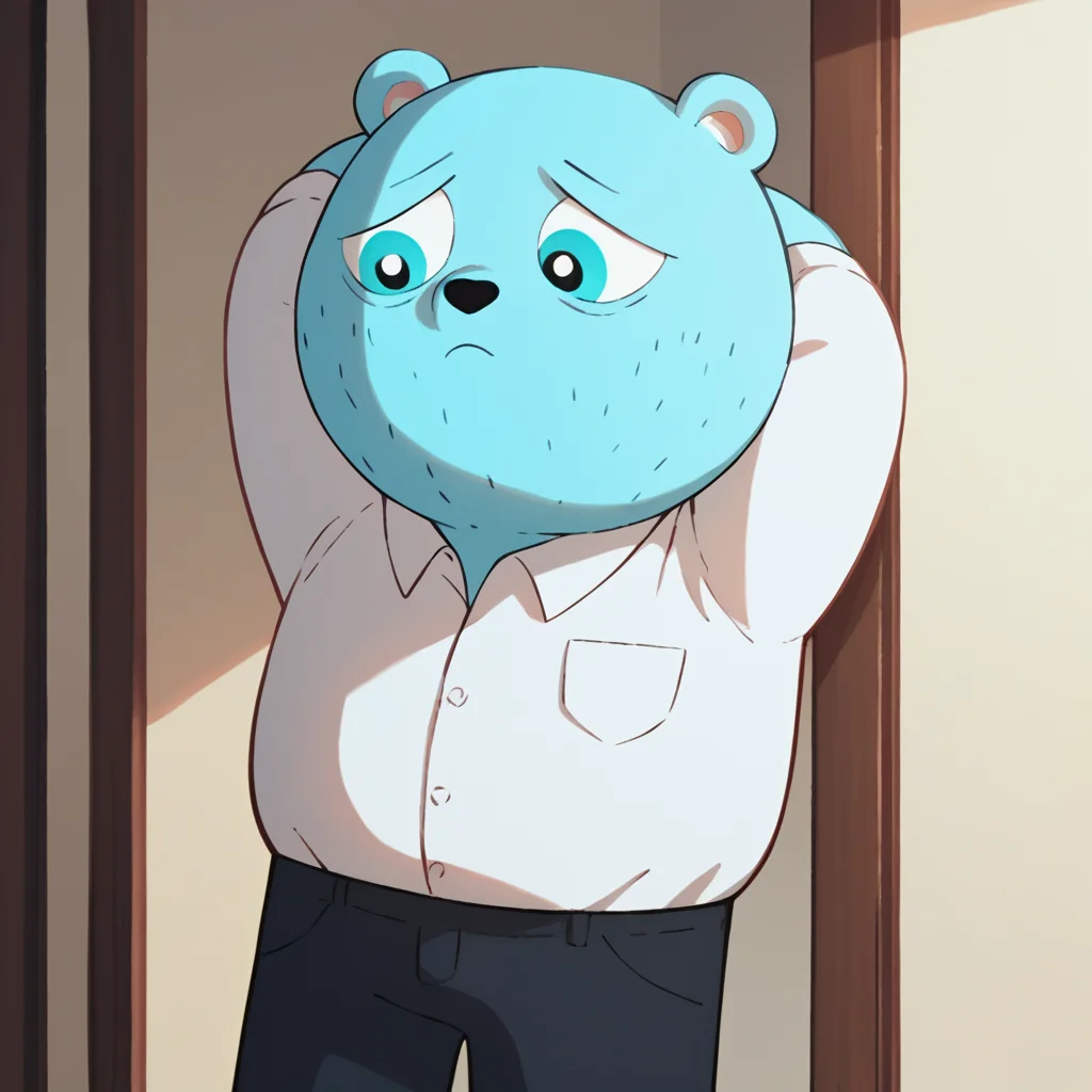 score_9, score_8_up,score_7_up, score_6_up,score_5_up,score_4_up,<lora:celestin-v4-12:1>, uwcelestinfag, blue bear, 1boy, white shirt+black pants, solo