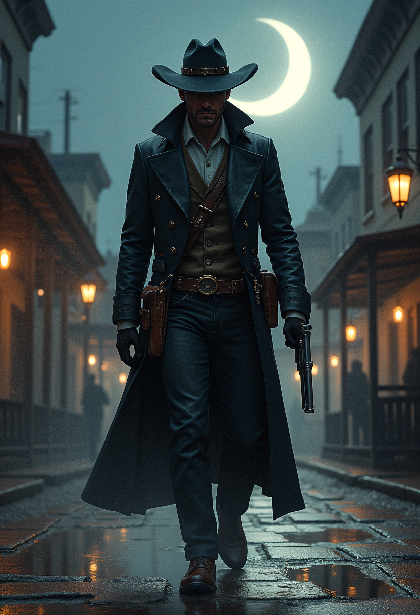 Steampunk Fantasy Art Illustration of gunslinger stands tall, bathed in the subtle, silvery glow of a quarter moon, walking down the street of an old western town, the air thick with anticipation, a faint whisper of retro-futuristic machinery humming in the distance, dressed in steampunk inspired clothing, dark palette, rim lighting from the moon's gentle light, leather duster coat, holstered pistols,