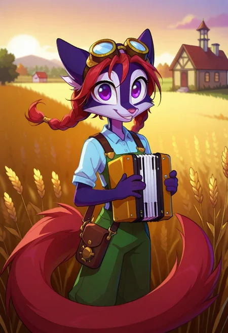 Dreamkeepers,Indi_and_Digo,1girl,solo,furry,tail,source_furry,,red hair,purple fur, purple eyes,
child, kid,
masterpiece, best quality, long hair, twin braids, farmer outfit,(steampunk), goggles, googles on head, bag, wheat field, outdoors, wind, accordion, holding instrument, playing instrument, gloves, wheat, sunset, farm, house, scenery, landscape, blurry, blurry background, looking at viewer, smile