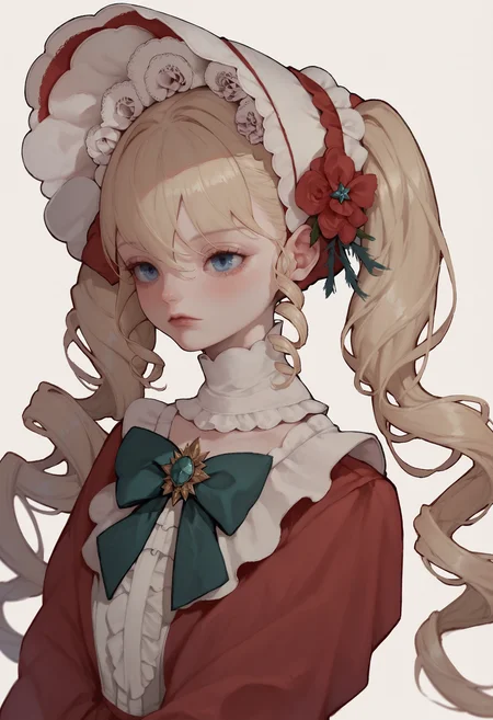 score_9, score_8_up, score_7_up, score_6_up, face close up, 1girl, solo, blonde hair, blue eyes, drill hair, bangs, twintails, very long hair, bonnet, red bonnet , red dress, green bowtie,
flower brooch, <lora:12yun30_PonyXL_dim16:1>