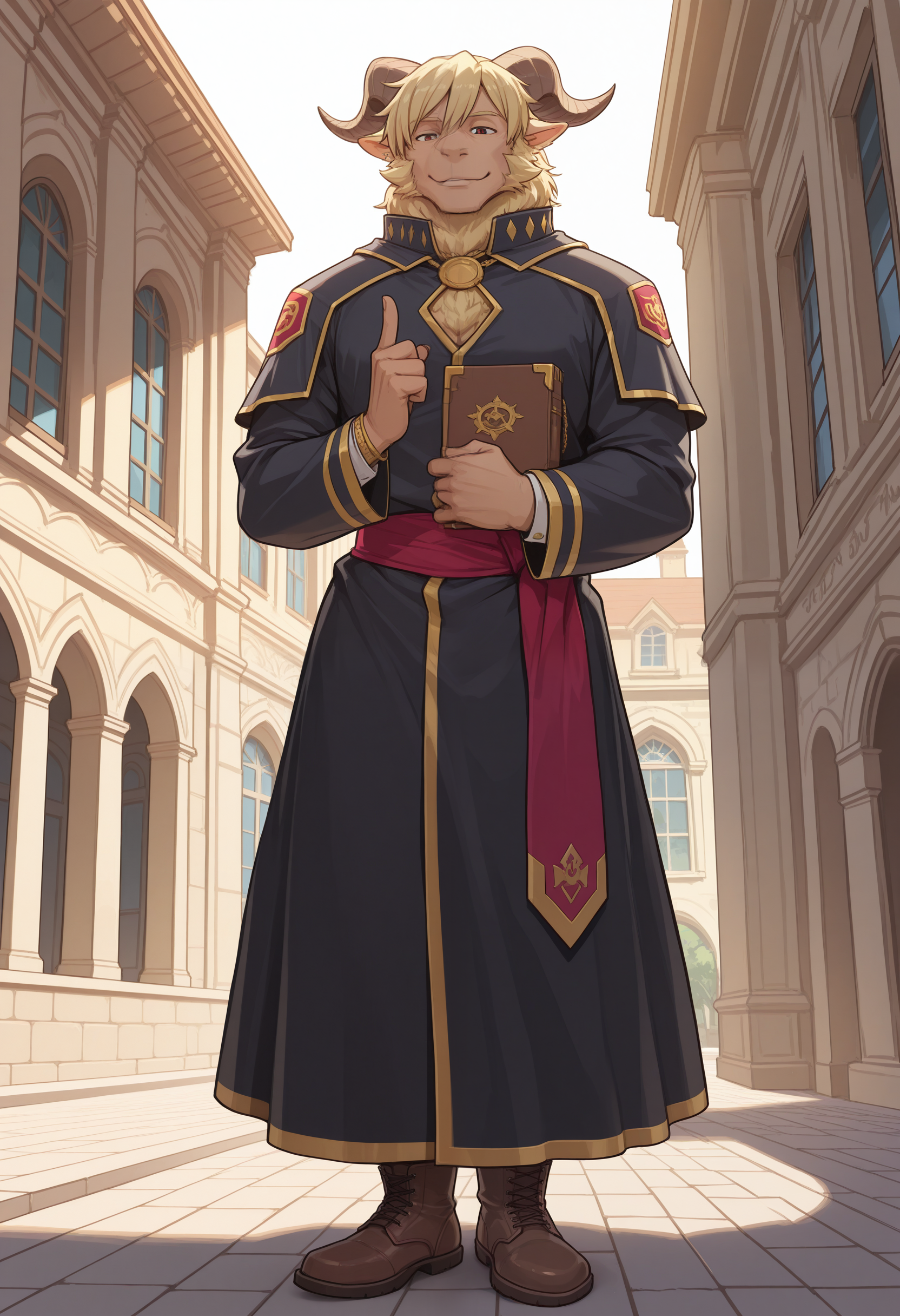 masterpiece,best quality,amazing quality, 1boy, solo, 4z4zel, goat boy, black robe, red sash, brown boots, book, greet, academy, outdoors,