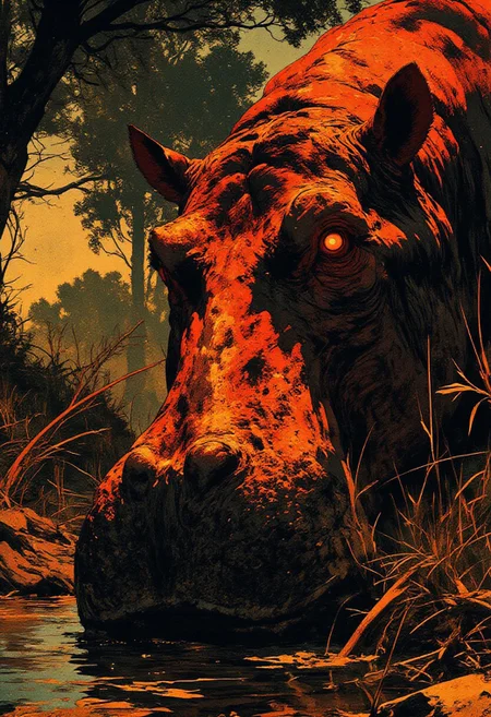 (highly detailed, hyper realistic) An extreme close-up of a massive hippopotamus with piercing crimson-red glowing eyes, the sole focal point. The beast's gaze dominates the frame, partially obscured by two strands of tall, dry grass. Thick, battle-worn hide covered in deep creases and scars, showcasing years of survival. Its enormous, broad mouth is slightly open, revealing rows of ivory tusks, their sharpness accentuated by the play of light across their smooth surfaces. A powerful, unmoving stance exuding primal dominance. Mud and water cling to its skin, subtly illuminated by golden light filtering through the riverbank’s tangled vegetation. Shifting shadows from distant trees create spectral highlights flickering along its massive, powerful face. An interplay of light and shadow amplifying its raw presence, evoking a relic of an untamed past—watching, unyielding, ancient.