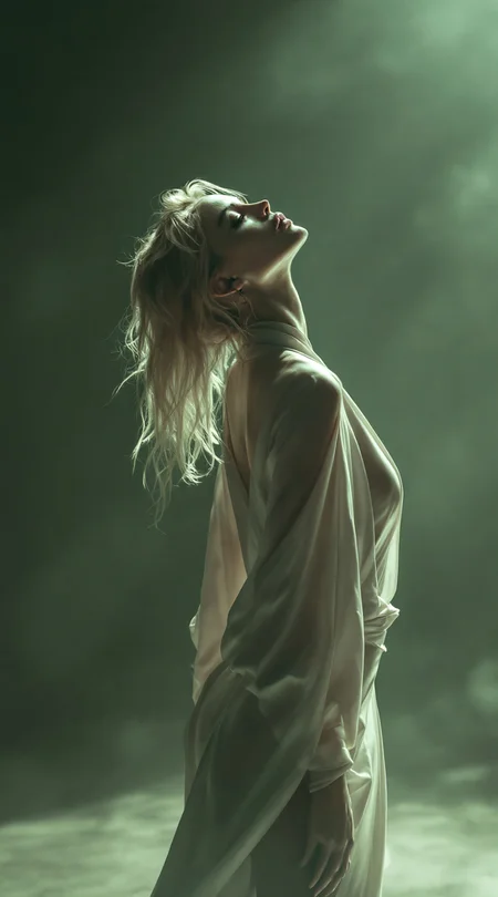 A striking photograph captures a greyish female model in an upper body shot, her silhouette dramatically outlined against a soft, diffused light. She stands in a graceful yet provocative side pose, leaning backwards slightly, with her head tilted upwards as if reaching for the stars. Her long blonde hair cascades elegantly around her shoulders, styled with bold flair that enhances her fierce expression. Clad in a minimalistic, body-hugging white robe that contrasts against her striking features, she exudes both strength and elegance. Below, matte black military boots ground her ethereal presence, adding a raw edge to the composition. The background is a subtle gradient of muted earth tones, enveloping her in an almost dreamlike quality, with a hint of mist that adds depth and intrigue. Photorealistic style with dramatic lighting enhances the captivating atmosphere, dramatic silhouette in front of cool emerald green gradient background, rich in detail, strong lighting from above, hard cast shadow