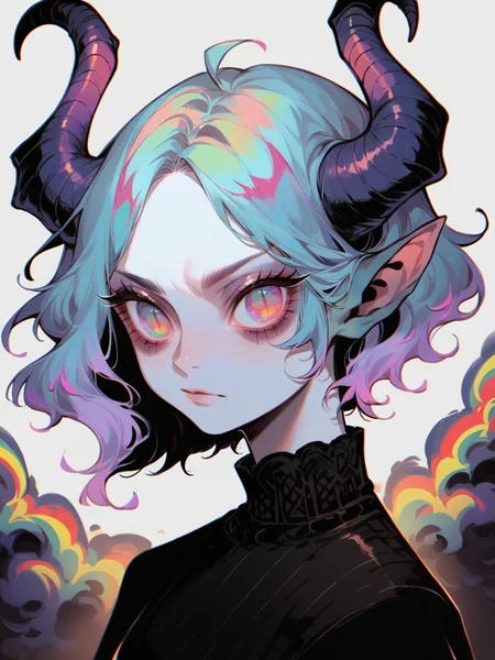 score_9, score_8_up, score_7_up, score_6_up, <lora:1r3gl1XLP:0.8> 1r3gl1, trippy, 1girl, horns, multicolored hair, multicolored eyes, upper body