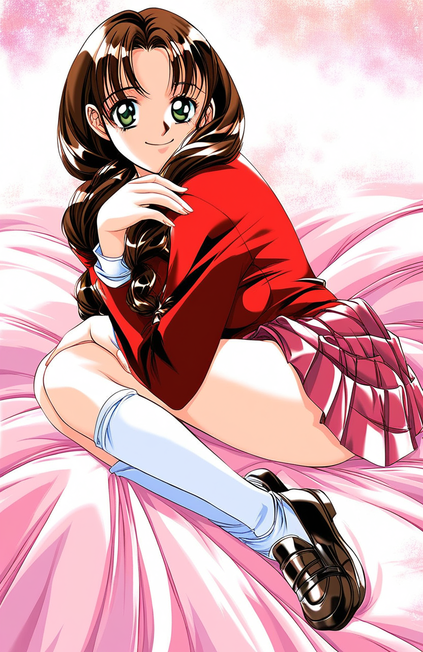 score_9, score_8_up, score_7_up, source_anime, rating_explicit, BREAK  <lora:Sugimoto_Sakurako_XL:1> SugimotoSakurako, brown hair, long hair, green eyes, braid, hair over shoulder, bangs, breasts,
1girl, solo, skirt, smile, looking at viewer, shoes, long sleeves, sitting, socks, shirt, retro artstyle, pleated skirt, hugging own legs
bed room,
looking at viewer,