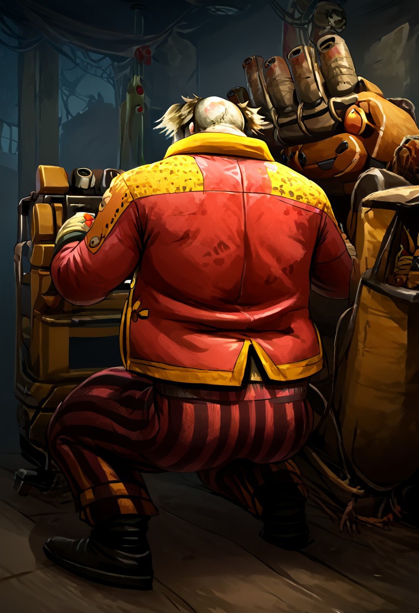 score_9, score_8_up, score_7_up, source_videogame, 1boy, solo, dbd_clown, facepaint, clown jacket, suspender, black boots, striped pants, fat, male focus, (generator, kneeling, from behind, working on a generator, horror theme, object, machinery, ...,)