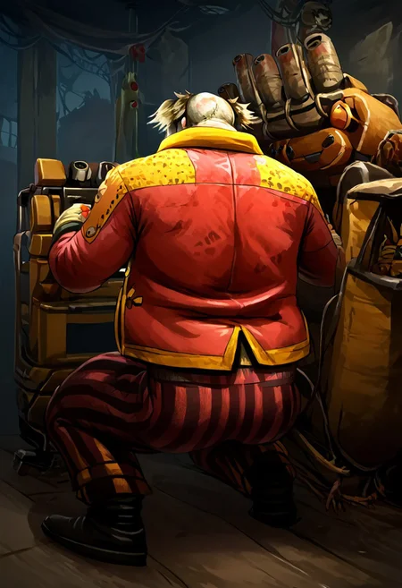 score_9, score_8_up, score_7_up, source_videogame, 1boy, solo, dbd_clown, facepaint, clown jacket, suspender, black boots, striped pants, fat, male focus, (generator, kneeling, from behind, working on a generator, horror theme, object, machinery, ...,)