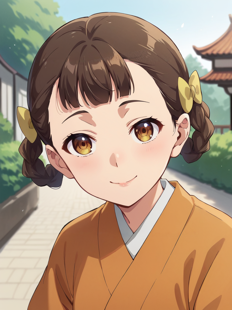 score_9,score_8_up,score_7_up,score_6_up,score_5_up,score_4_up,source_anime BREAK
ywxl,1girl,short over long sleeves,orange short sleeves,white long sleeves,white skirt,brown sash,hair bow,portrait,looking at viewer,smile,
garden,east asian architecture,depth of field,,<lora:ywxiaolanv3_pony:0.8>
