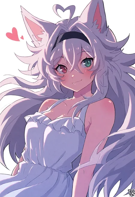 1girl, solo, blush, smile, green eyes, red eyes, looking at another, hair intakes, hair flaps, fox girl, slit pupils, black headband, heterochromia, heart ahoge, long sidelocks, fox ears, white dress, sundress, crossed bangs, white hair, long hair, medium breasts, white background, <lora:gurepyon:1>