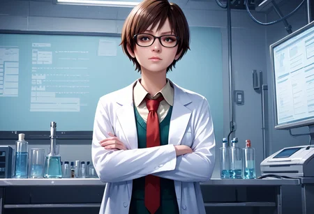 score_9, score_8_up, score_7_up, rebecca-chambers, resident evil, 1girl, glasses, labcoat, necktie, crossed arms, brown hair, short hair, solo focus, realistic, red necktie, solo, laboratory, beaker, potions