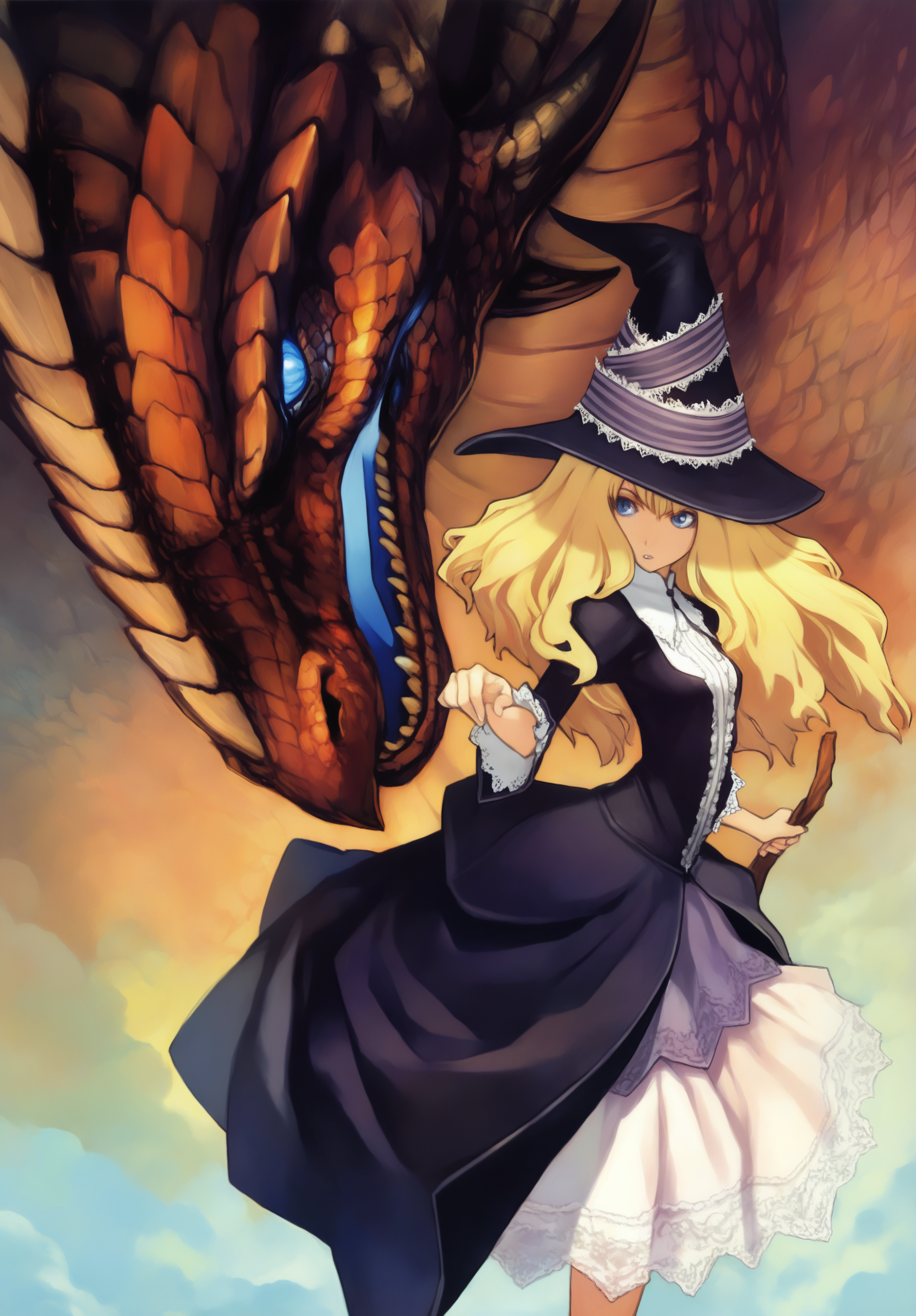 masterpiece,absurdres,best quality,high quality,<lora:Vanillaware XLV3 Vpred Noob:1>,1girl,hat,blonde hair,witch hat,dragon,long hair,solo,blue eyes,dress,
