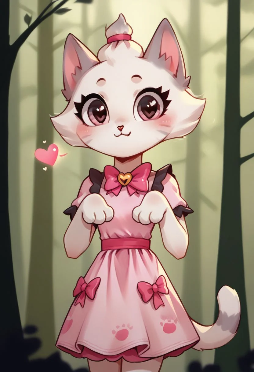 cute, cartoon, Pimpochka background, Bantik, 1girl, cat girl,  hearts, pink dress, bow, forest