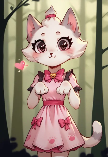 cute, cartoon, Pimpochka background, Bantik, 1girl, cat girl,  hearts, pink dress, bow, forest