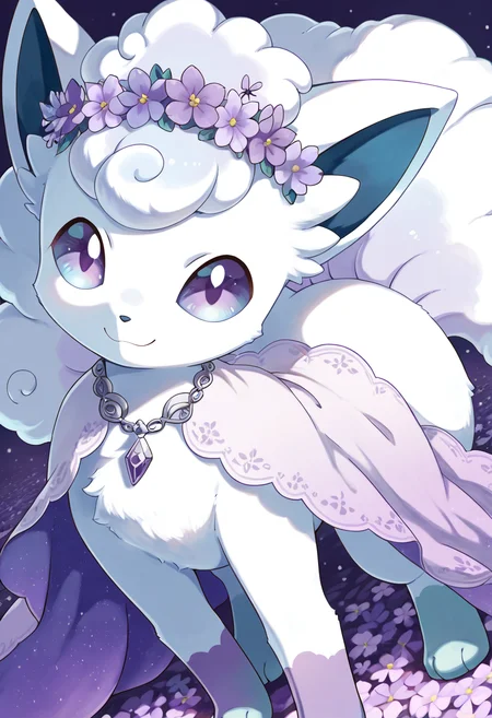 masterpiece, best quality, solo, curvy, beautiful eyes, narrow waist, wide hips, (no humans:1.1), solo, smile, looking at viewer, dynamic angle, foreshortening, close up,      zzVulpixA, fluffy, white fur,  ,<lora:VulpixAlolanPokedex_IXL_v1:1.0>,   [Lavender Daydreamer], lavender lace dress with soft lilac ribbons, pastel purple gloves adorned with tiny silver bells, amethyst necklace, light purple flower crown, lilac and white gradient cloak, draped across a field of blooming lavender, soft breeze, wistful smile,