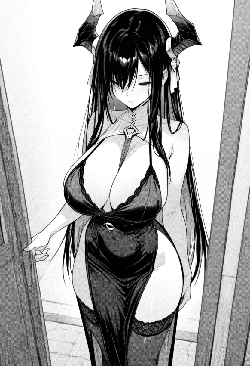 very awa, masterpiece, best quality, recent, newest, highres, absurdres, amazing quality,
monochrome, grey_scale, comic, 
1girl,horns, large breasts, thighhighs, cleavage, black dress, standing, bare shoulders, black_hair, long_hair,
 <lora:Croriin_style:1>