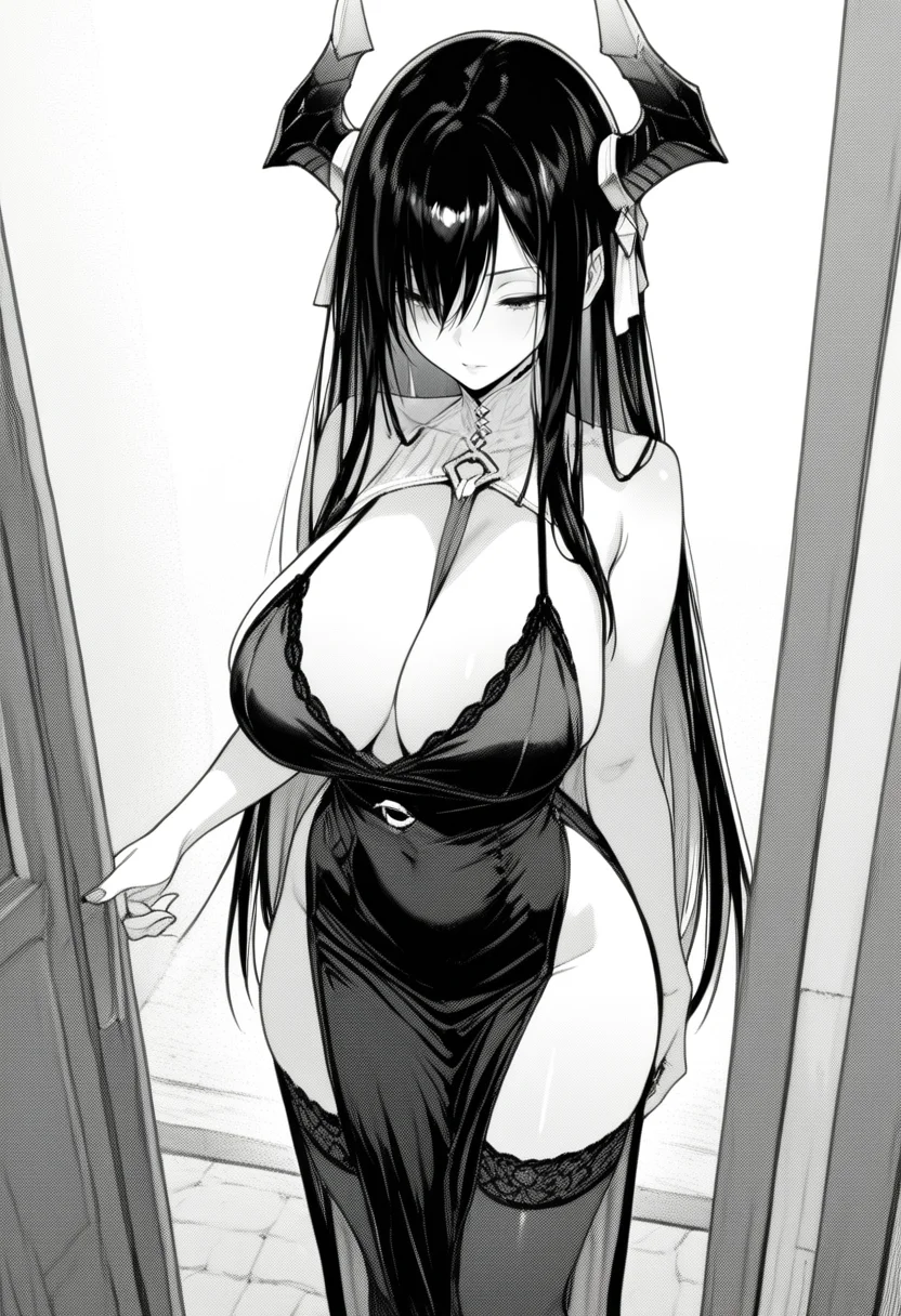 very awa, masterpiece, best quality, recent, newest, highres, absurdres, amazing quality,
monochrome, grey_scale, comic,
1girl,horns, large breasts, thighhighs, cleavage, black dress, standing, bare shoulders, black_hair, long_hair,
<lora:Croriin_style:1>