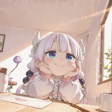 nsfw, highres, best quality, masterpiece, safe pos, masterpiece, best quality, amazing quality, very aesthetic, absurdres, newest, volumetric lighting, holographic colors, cute, gradient colors, 4k, hd, ultra detailed, sfw, usnr, gbf style, , ambient occlusion, raytracing, soft lighting, bloom effect, absolutely eye-catching, intricate cinematic background, \(beautiful face\),
BREAK
,
photo realistic, very aesthetic, scenery,
BREAK
,
Smiling, happy, blushing, flustered, shy, awkward smile, hand on own cheek, holding love letter, heart on letter, looking at viewer, eye contact,
BREAK
,
Cafe background, table, steamy mug, sunlight though window, sunlight, cafe,
dynamic angle, intricate light, Kanna Kamui, White-lavender hair, Hair styled into odango, Blue eyes, Pale skin, Gothic ta style clothing, White frills, Chubby cheeks, Small horns, Dragon tail, White stockings, Kanna Kamui