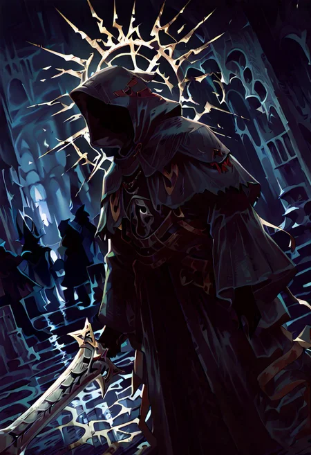 masterpiece, best quality, good quality, newest, highres, absurdres, volumetric lighting,gradient color, BREAK raytracing, volumetric lighting, ambient occlusion, boy, luminescent background, masterpiece, best quality, very awa, absurdres, BREAK colored skin, black skin, (black hair, silhouette:1.5), no eyes, faceless, no highlights, hooded figure, black robes, dark armor, armored gautnlets, Nazgul. Holding a sword, penitent pose BREAK night, moonlight, dutch angle, dark theme, high contrast