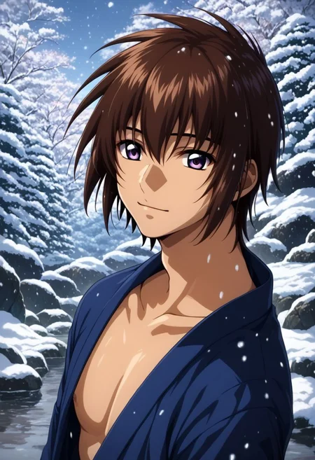 ASCIIscore_9, score_8_up, score_7_up, score_6_up,
source_anime,
kira_yamato, hair parting left, wearing a Japanese kimono, 1boy, solo, detailed eyes, purple eyes, looking at the viewer,
upper body portrait,
scenery, Japanese outdoor Onsen, winter, snowing
masterpiece, best quality, very aesthetic, absurdres,