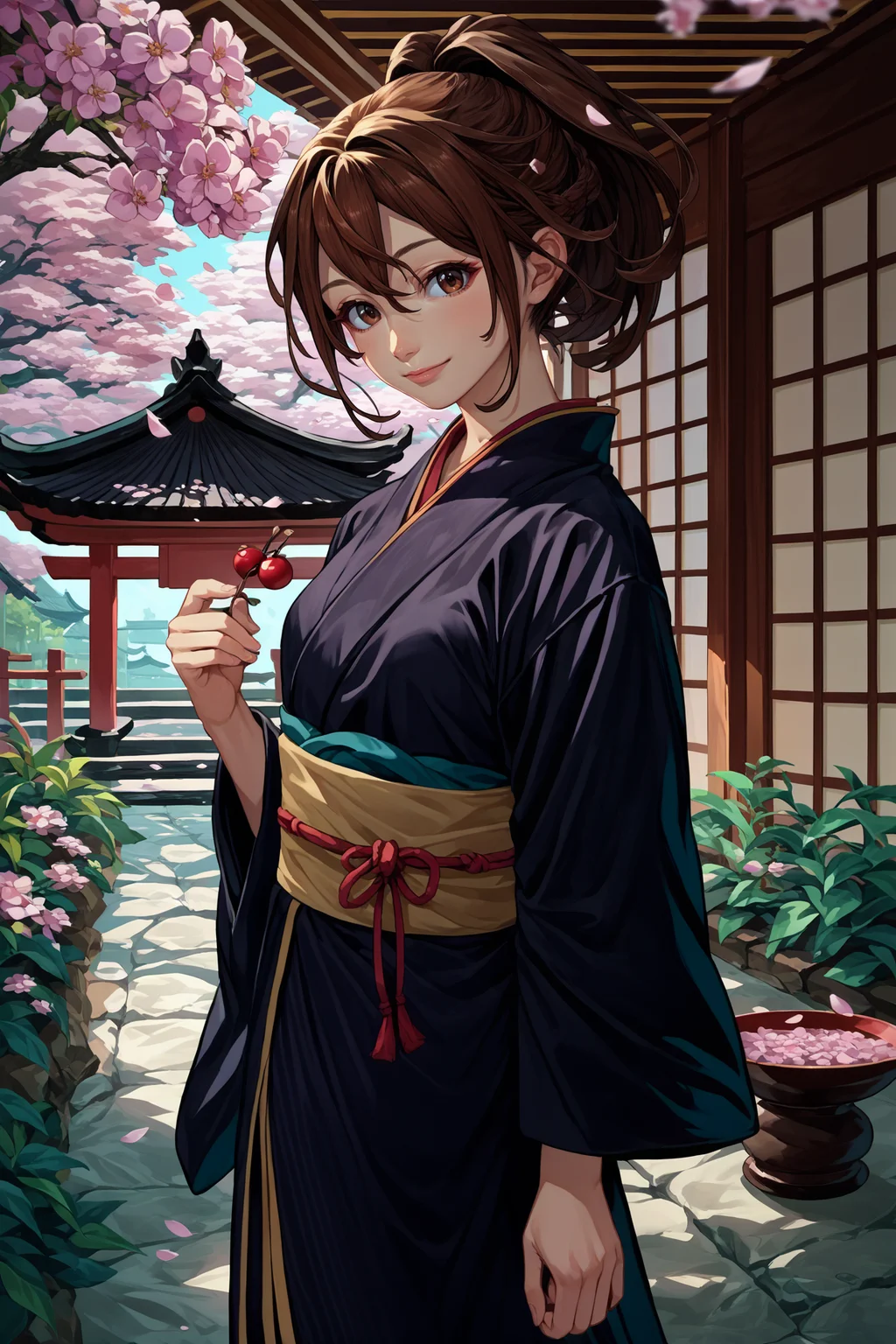 score_9, score_8_up, score_7_up, score_6_up, source_anime, 1girl, solo, <lora:rnakiho-pdxl-nvwls-v1-000005:1> rnAkiho, brown hair, brown eyes, ponytail, black kimono, sash, looking at you, happy, cherry blossoms, garden, japanese architecture