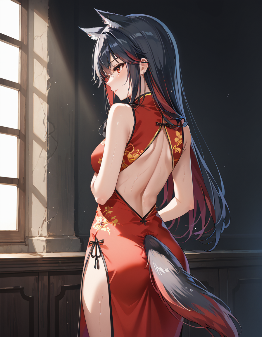 Volumetric Lighting, (masterpiece), (best quality), (ultra-detailed), masterpiece, source_anime, score_9, score_8_up, score_7_up BREAK, illustration, disheveled hair, detailed eyes, perfect composition, moist skin, intricate details BREAK, light depth, dramatic atmospheric lighting, Volumetric Lighting, Texas, long hair, black hair, red hair, colored inner hair, wolf ear,s wolf tail, red eyes BREAK, chinese dress, cheongsam, backless, from behind