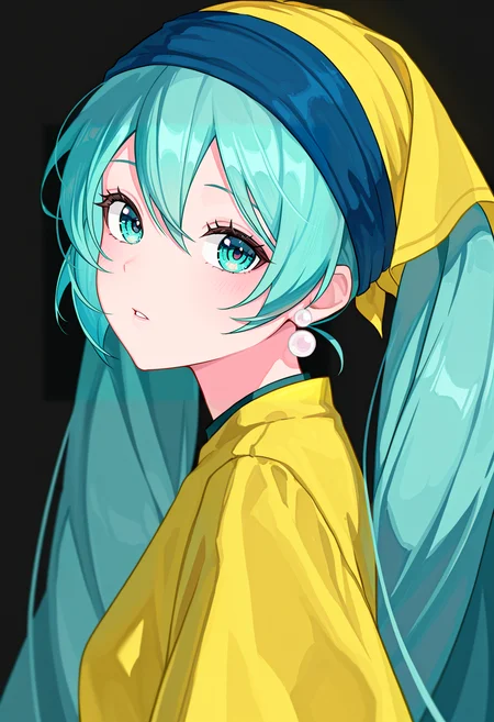 masterpiece, high quality, absurdres, gwape, 1girl, hatsune miku, aqua hair, aqua eyes, alternate costume, black background, earrings, jewelry, looking at viewer, parted lips, single earring, pearl earrings, simple background, blue headband, yellow headscarf, <lora:Girl_with_a_pearl_earing:1>