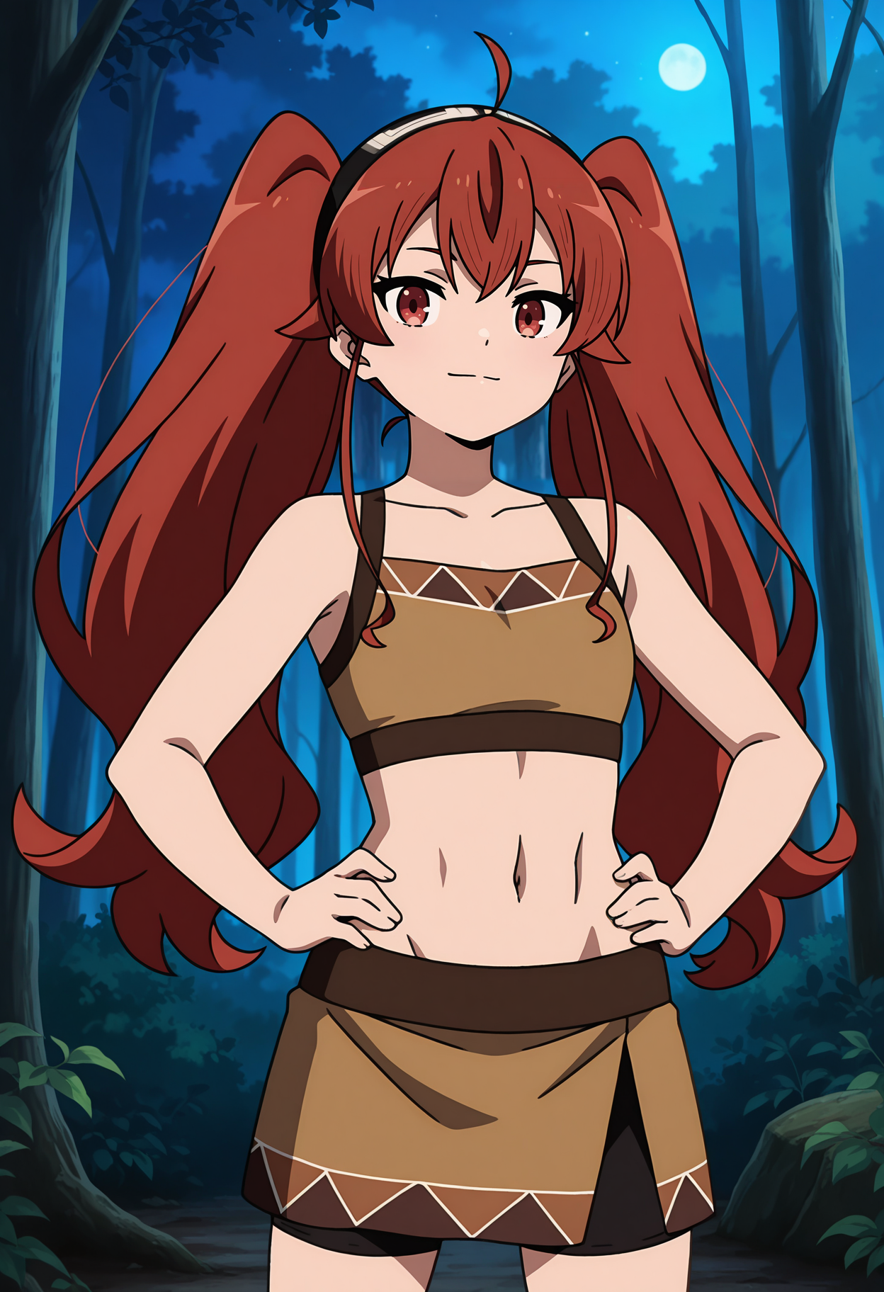anime screencap, masterpiece, best quality,
<lora:MushokuTensei_ErisBoreasGreyrat_IlluXL:0.9>,
1girl, closed mouth, light smile,
two side up, long hair, ahoge, red hair, red eyes, black hairband,
ErisAmazonia, brown camisole, navel, bare shoulders, collarbone, miniskirt, brown skirt, bike shorts under skirt,
hands on own hips, standing, looking at viewer, cowboy shot,
outdoors, night, forest, dark
