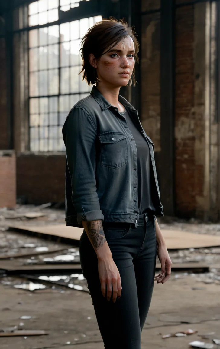 photo of ohxw, ellie, tattoo on left arm, woman, black jeans, inside abandoned warehouse, full body, skinny, short hair, face details, low key lighting, <lora:2ellie-000003:1>