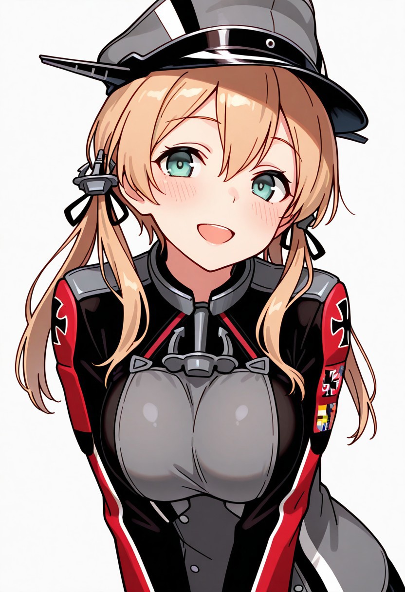 masterpiece, best quality, 32k, high resolution, absurdres, prinz eugen (kancolle), low twintails, anchor hair ornament, 1girl, blush solo, looking at viewer, large breasts, smile, open mouth, peaked cap