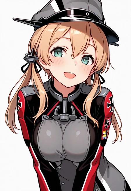 masterpiece, best quality, 32k, high resolution, absurdres, prinz eugen (kancolle), low twintails, anchor hair ornament, 1girl, blush solo, looking at viewer, large breasts, smile, open mouth, peaked cap