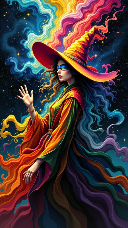 in the style of jedffd, surreal chaos, glitchcore accents, fractal flows, A blindfolded witch painting the universe with liquid stardust, visualized in expressionist explosive brushstrokes layered over perfect photorealistic hands, pure chaotic beauty in motion, <lora:Dreamfract-000007:1>