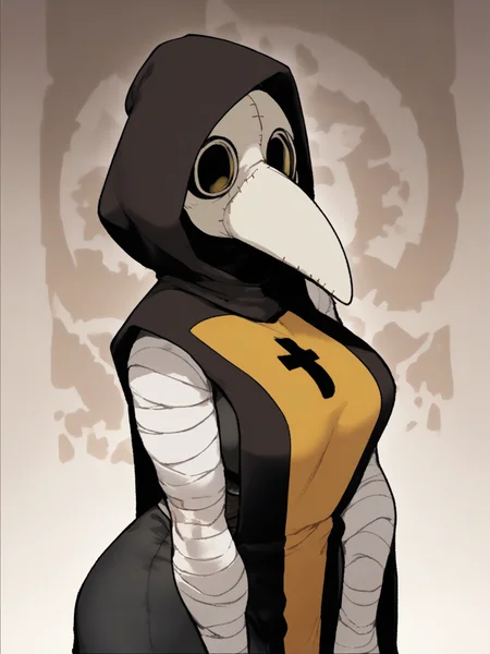 score_9, score_8_up, score_7_up, score_6_up, score_5_up, score_4_up, source_anime, source_furry, digital media \(artwork\), by ywu, 1girl, (mask, plague doctor:1.25), clothed, clothing, fully clothed, (tabard:1.2), female, hood, solo, standing, topwear, detailed background, sex dungeon, tabard, wraps, bandage, looking at viewer
<lora:plaguedoctor_pdxl_:1>