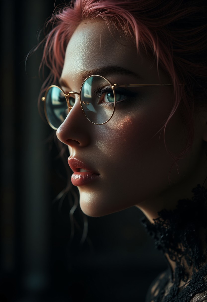 a cute woman, elegant updo, masterpiece, best quality, shallow depth of field, bokeh, incredibly detailed, real, lifelike face, realistic, round glasses, pink hair, green eyes, deep gaze, side view, extreme close-up, blurred background, soft lighting, contemplative expression, dark background, subtle makeup, high-resolution, detailed texture, emotional depth, dramatic mood, classic black dress, side profile, serene atmosphere, cinematic lighting. (dark theme:0.9), soothing tones, muted colors, high contrast, (natural skin texture, hyperrealism, soft light, sharp)