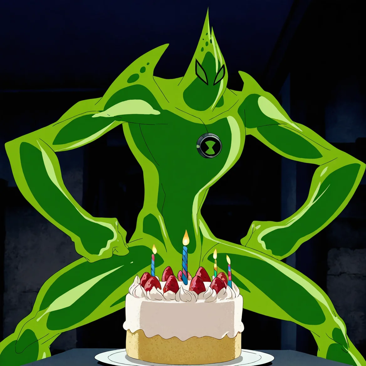 <lora:Goop-05:1> solo, no humans, male focus,green skin,muscular, masterpiece,highres,<lora:add-detail-xl:1>,happy,birthday_cake,