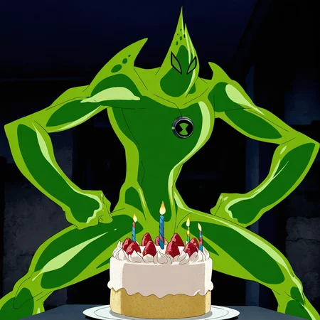 <lora:Goop-05:1> solo, no humans, male focus,green skin,muscular, masterpiece,highres,<lora:add-detail-xl:1>,happy,birthday_cake,