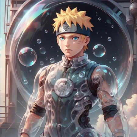 score_9, score_8_up, <lora:BubblyTech_PonyXL_B-000013:1>,bubblytech ,scifi, transparency, caustics , iridescent,
uzumaki naruto, cowboy shot, forehead protector,