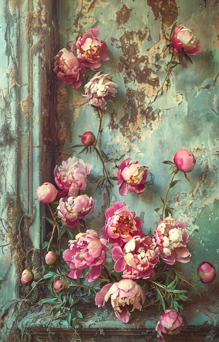 masterpiece,best quality,<lora:tbh168-sdxl:1>,illustration,style of Matthias Haker, decaying peonies