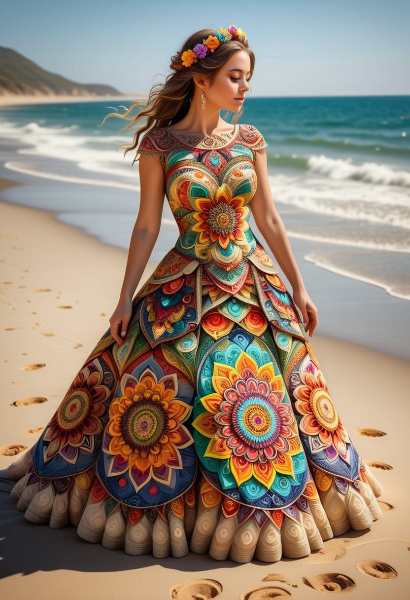 M4ND4L4S, a bride wearing a dress made of colorful mandalas,  set in a sunny beach with golden sands, gentle waves, a warm breeze, ,Masterpiece,best quality, raw photo, realistic, very aesthetic