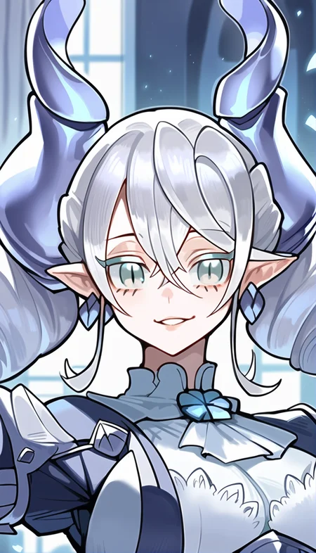 score_9,score_8_up,score_7_up,
<lora:labrynth:1>,
lovely labrynth,1girl,solo,
white hair,bangs,twintails,pointy ears,white eyes,white eyelashes,looking at viewer,smile,parted lips,horns,white collar,close up,
indoors,fantasy castle background,curtains,sky,dreamy and magical atmosphere,particle lights,