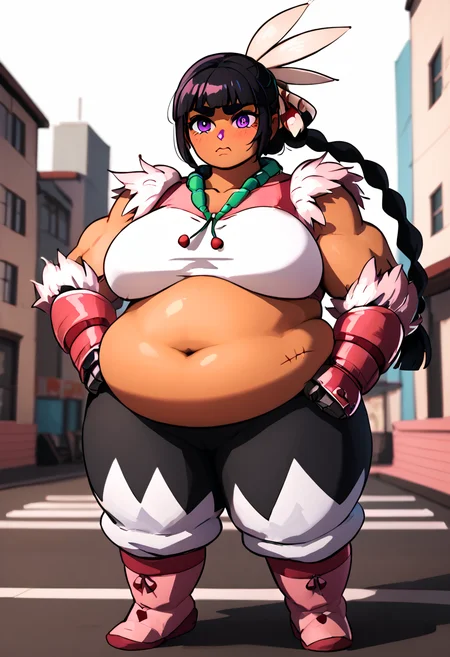Ponyscores7, expressiveh, perfect face, perfect eyes, detailed face, detailed eyes, jd_yoghurt, 1girl, solo, long hair, black hair, purple eyes, dark skinned female, single braid, plump, big belly, belly scar, large breasts, thick thighs, blunt bangs, thick eyebrows, pink boots, feather hair ornament, baggy pants, pink gauntlets, white top, fur trim, green necklace, standing, hands on hips, blush, embarrassing face, looking away, looking down, upper body, strongfat, muscular female, 3d, city, p4nch, looking at viewer, punching, clenched hand, motion lines, motion blur
<lora:Yoghurt-000009:0.8>
<lora:Expressive_H-000001:0.5>
<lora:Strongfat-PonyXLLoCon-vp3-000009:1.0>
<lora:Punching_POV:0.8>
<lora:backgroundon:0.4>