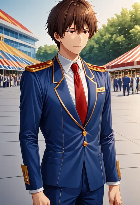 high resolution, solo, best quality, 1Boy, Seiya Kanie, Brownish Hair, Manager, Wihite Shirt, Blue Jacket, theme park, gold aiguillettes, red tie, OverallDetail