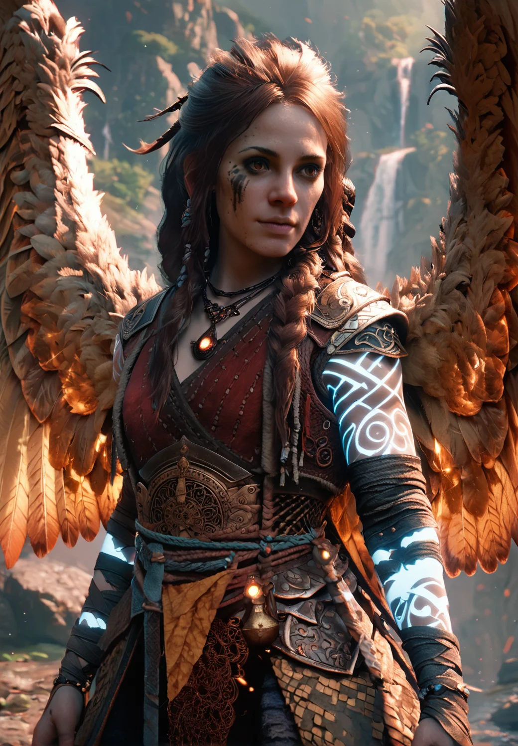 2d, oil painting<lora:FreyaGOW:0.65> gow_freya,beautiful woman, frontal image, solo, glowing tattoos, wings, armor, score_9, score_8_up, score_7_up, score_6_up