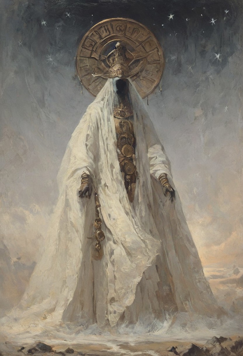 ((score_9, score_8_up, score_7_up)), (high contrast), (flat shapes), vertical lines, oil painting, realistic, grimdark, 
An enigmatic figure of an old god, (golden metalic mask of alien cat), black skin, majestic white outfit, holding huge gold spear, metallic, ((jewelry)), Ancient mystique. gesturing hands, bare feet, Egyptian. 
surreal background, under a dark starry sky. The style of a vintage, high-contrast setting. Emphasize theatrical elements, extreme contrast of bright colors against dark, moody backgrounds, ph4nt0m01l, style-empire, hand