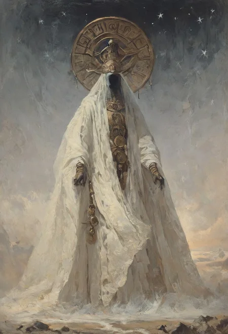 ((score_9, score_8_up, score_7_up)), (high contrast), (flat shapes), vertical lines, oil painting, realistic, grimdark,
An enigmatic figure of an old god, (golden metalic mask of alien cat), black skin, majestic white outfit, holding huge gold spear, metallic, ((jewelry)), Ancient mystique. gesturing hands, bare feet, Egyptian.
surreal background, under a dark starry sky. The style of a vintage, high-contrast setting. Emphasize theatrical elements, extreme contrast of bright colors against dark, moody backgrounds, ph4nt0m01l, style-empire, hand