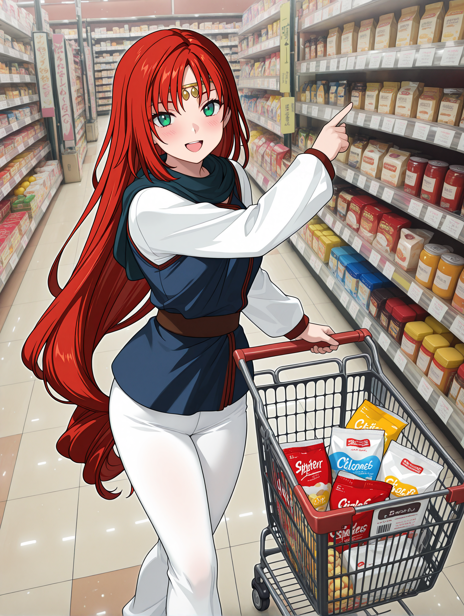 masterpiece,best quality,newest,
1girl,solo,
<lora:elenoa_ilxl_v3.1:1>,elenoa,red hair,very long hair,green eyes,e_circlet,e_02clothes,long_sleeves,white sleeves,blue clothes,white pants,
<lora:Fixhands_anime_bdsqlsz_V1:1>,<lora:shop_00_ilxl_v1.0:1>,shop_00,s_cart,shopping cart,from_side,looking_at_viewer,vegetables,fruit,:d,blush,