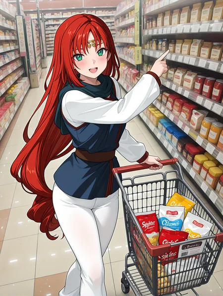masterpiece,best quality,newest,
1girl,solo,
<lora:elenoa_ilxl_v3.1:1>,elenoa,red hair,very long hair,green eyes,e_circlet,e_02clothes,long_sleeves,white sleeves,blue clothes,white pants,
<lora:Fixhands_anime_bdsqlsz_V1:1>,<lora:shop_00_ilxl_v1.0:1>,shop_00,s_cart,shopping cart,from_side,looking_at_viewer,vegetables,fruit,:d,blush,