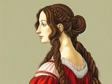 Botticelli style, 1girl,solo,long hair,brown hair,dress,upper body,braid,from side,profile,traditional media, red dress<lora:botticelli-SDXL:0.5>