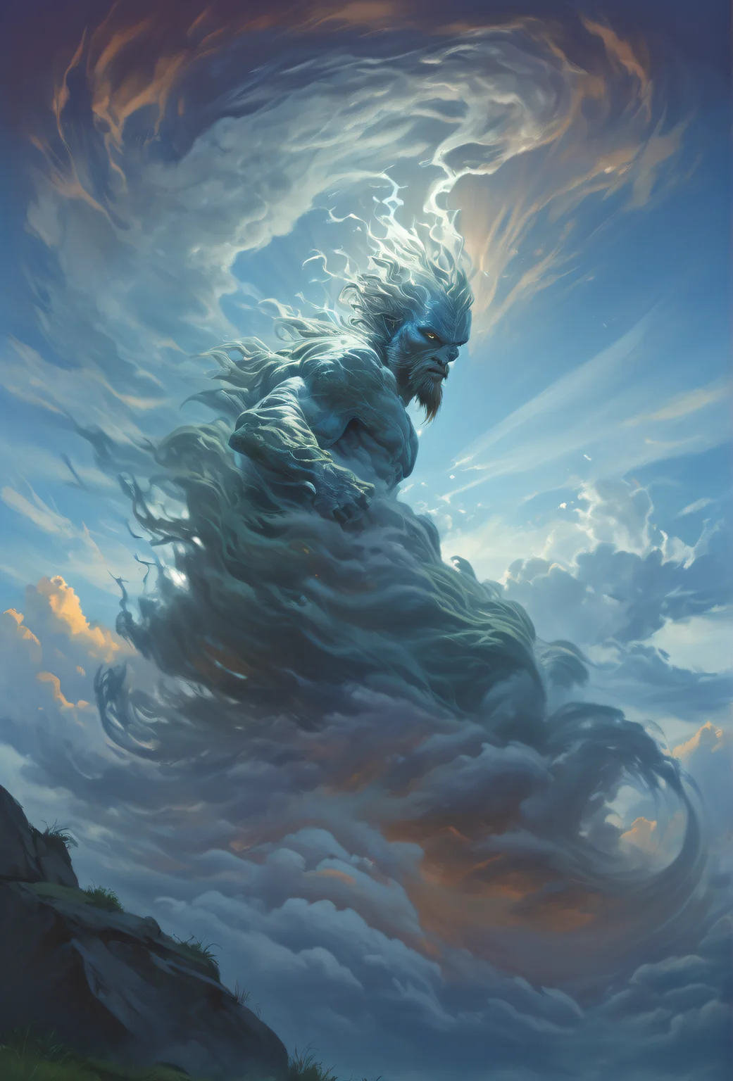 highest detail, 4k, absurdres, realisic clouds,
from below, wide shot, (wormeye:1.5), highest detail, vivid flat colors, warm weather, clear blue sky
Depict a magnificent giant air elemental, emerging from the clouds. BREAK
7x times a tall as a human. With a human for comparison BREAK
The background consists of (floating, grassy rocks) and a blue sky. A sun ray breaks the coulds and lights the elemental.
air elemental, featureless, formless
blurry foreground, depth of field, , fantasy art style,
<lora:Fant5yP0ny:0.7>, <lora:RPGAirElementalXL:0.7>