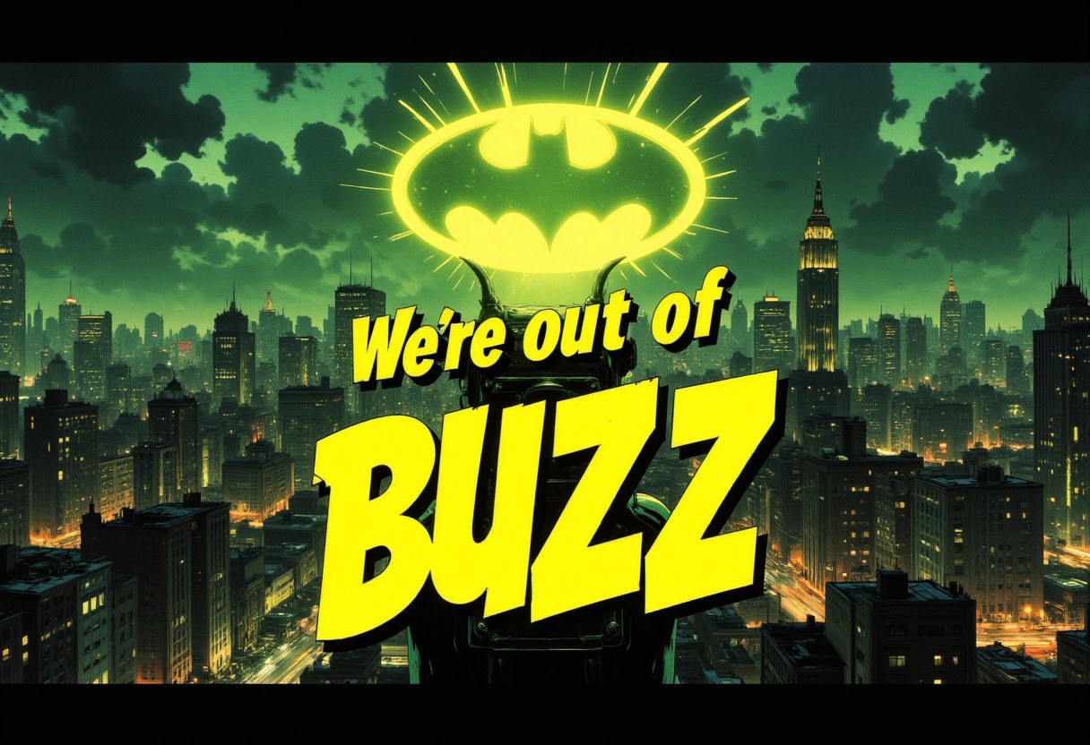A cinematic panorama of Gotham City at night. There is a searchlight light beam with Batman symbol in the cloudy night sky. The yellow comic font text at the bottom of the picture reads 'We're out of Buzz' superimposed over the city view. The picture is rendered with a wide angle view and strong, saturated, contrasting colors between the night darkness and the Bat-signal. Batman is not explicitly mentioned in the text.