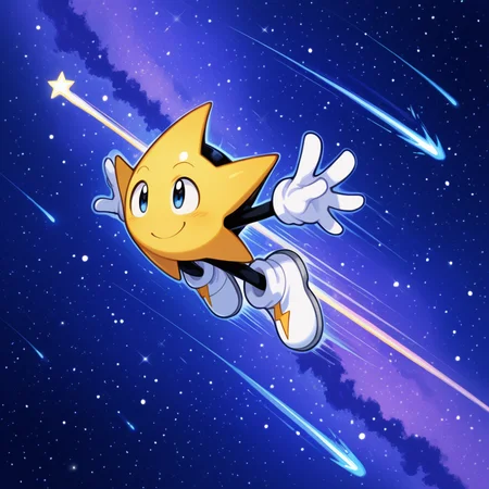 score_9, score_8_up, score_7_up, score_6_up,masterpiece,highly detailed,simple colors,1boy,ristar,white gloves, white shoes, white shoes with yellow lightning logo, flying, shooting star pose, stretchy arms, arms stretched out,,stars,nightsky,milky way,yellow glow,motion lines,smiling